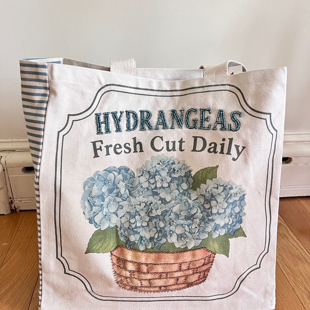 Blue Hydrangea Canvas Tote Bag Beaded Floral Market Bag Cottagecore 16” x 16”